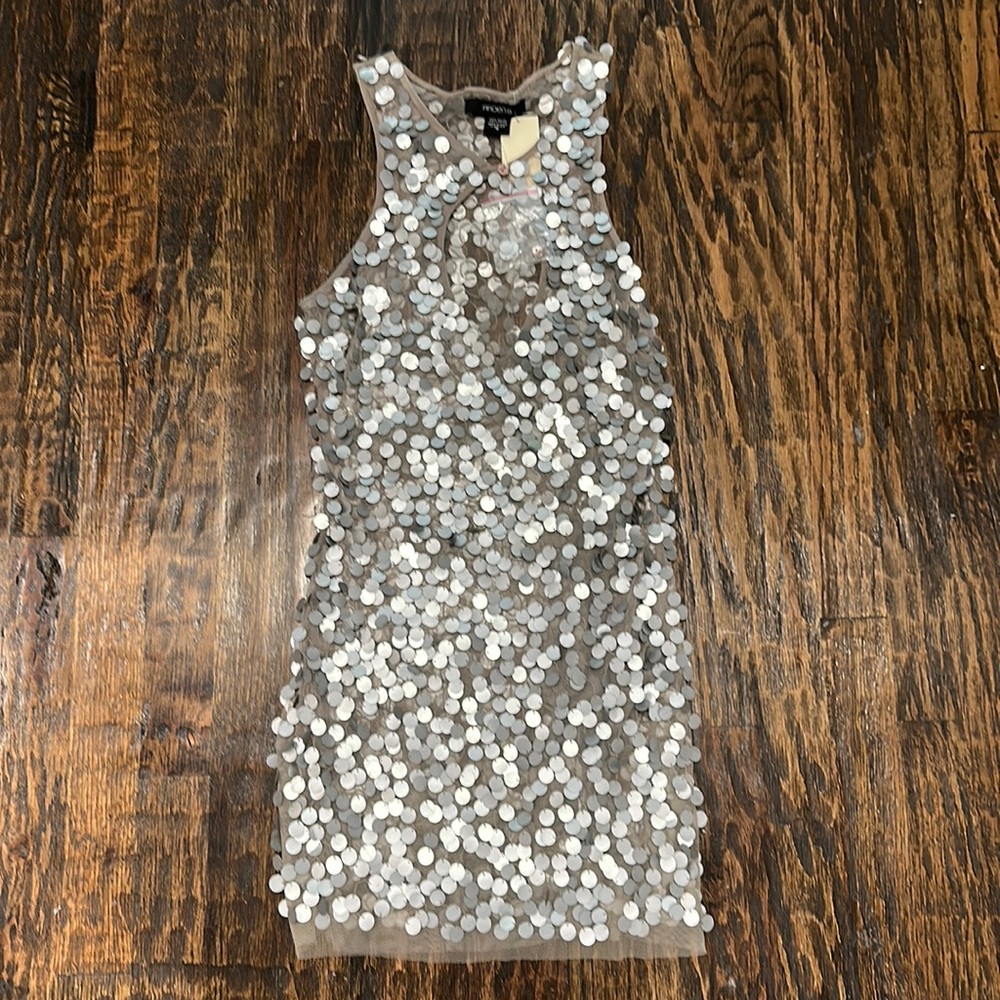 NWT Keyhole sheer silver beaded dress. Size medium but likely fits size 0-6.